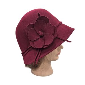 Bucket hat women's burgundy 100% wool flower detail one size Nostalgic